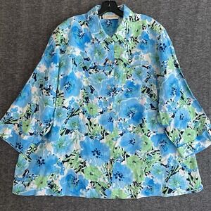 Jones New York Sport Woman Shirt Plus 3X Blue 100% Linen Floral Button Up Ladies